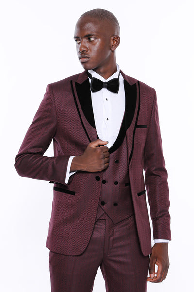 Patterned Burgundy Velvet Lapel Tuxedo 3-piece-suit, 34, 36, 38, 40, 42, 44, 46, 48, Modern Fit, Party, Peak, Peak Lapel, Slim Fit, Slim Fit Suit, Suit, Wedding SuitSlim Fit Suit - wessi