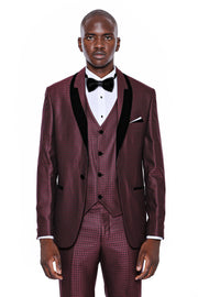 Patterned Burgundy Velvet Lapel Groom Suit 34, 36, 38, 40, 42, 44, 46, 48, Burgundy, Burgundy Tuxedo, Modern Fit, Party, Slim Fit, Tuxedo, Wedding TuxedoBurgundy Tuxedo - wessi