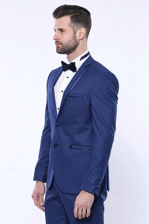 Lapel Modeled Navy Blue Tuxedo | Wessi 3-piece-suit, 34, 46, Blue, mens-suit_obsolete, Modern Fit, Navy, Navy Blue, Party, Slim Fit, Slim Fit Suit, Suit, Wedding OutletSuit - wessi